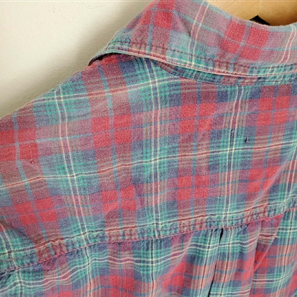 90s Vintage Pink & Blue Plaid Button Front Shirt - Picture 9 of 9